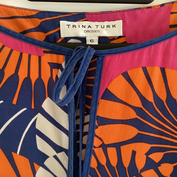 Trina Turk Dress 100% Silk Multicolor Kaftan Tunic Mini Dress Square Tie Neck - Picture 2 of 11